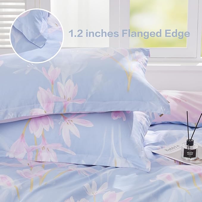 SAPHREAS Queen Size Floral Duvet Cover Set 3pcs Cotton Pink Orchid Flower Printed Blue Bedding Comforter Cover Set 100% Cotton 1 Duvet Cover 90"x90" 2 Pillow Shams, Comforter Not Included