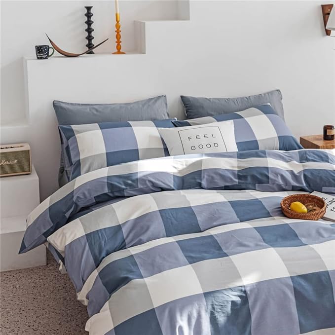 Queen Comforter Set Modern Style Checkered Pattern Comforter Boho Farmhouse Blue White Grey Geometric Plaid Comforter with 2 Pillowcases Soft Fluffy 3 Pieces Lightweight Bedding Set for All Season