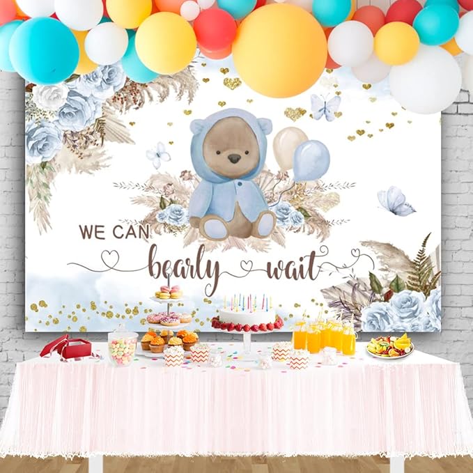 We Can Bearly Wait Backdrop Boho Baby Shower Party Backdrop 5x3ft Blue Floral Bohemian Pampas Grass Bear Photography Background Kids Baby Shower Newborn Baby Portrait Photo Backdrop
