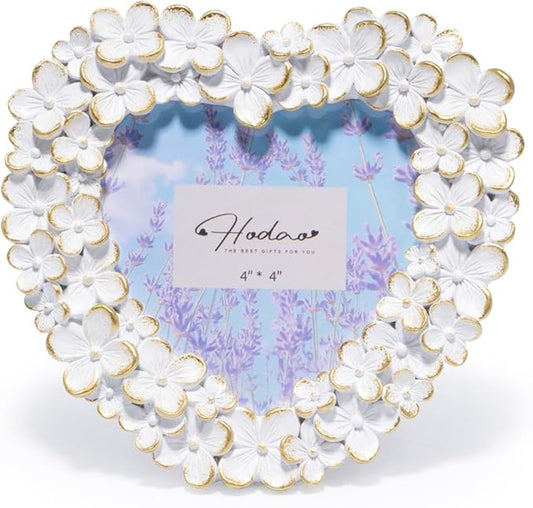 Hodao 4x4 Inch 3D Floral Heart Shaped Frame - Hand-Crafted Resin Picture Frame with White & Gold Accents for Wedding, Valentine’s Day & Romantic Home Decor (White Gold-Heart)