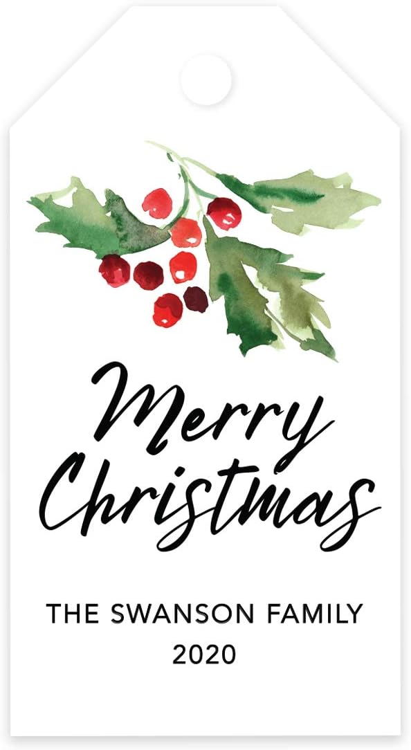 Andaz Press Personalized Christmas Holiday Season Classic Gift Tags, Merry Christmas Custom Family Name and Year, Watercolor Holly Branch Design, for Holiday Events, Parties, and Favors, 60-Pack