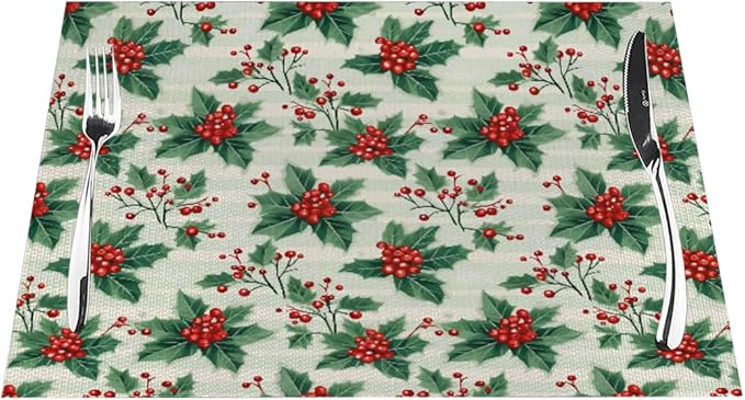 PVC Placemats Set of 4 Wipeable Table Mats Washable Heat Resistant Non Slip Vinyl Dining Table Mat for Kitchen Indoor Outdoor Patio Farmhouse Place Mats Christmas Red Berry Decorative