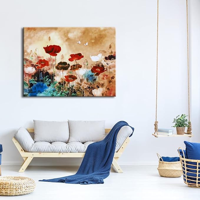 Wieco Art Blooming Poppies Extra Large Modern Gallery Wrapped Contemporary Flowers Giclee Canvas Print Floral Paintings Reproduction Pictures on Canvas Wall Art Work for Home Office Decorations