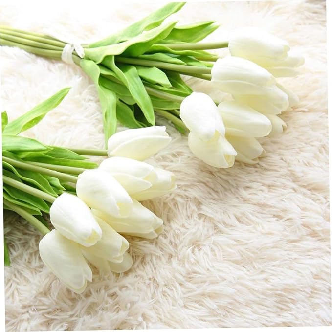 Artificial Tulips Flowers Real Touch Tulips Holland PU Bouquet Latex Flower White for Wedding Party Office Home Kitchen Decoration 30pcs (White)