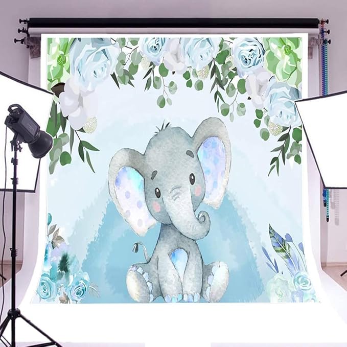 AOFOTO Flowers Baby Elephant Backdrop Light Blue 8x8ft Boy Gender Reveal Party Decorations Sweet Floral Baby Shower Photo Shoot Background for Photography Kids Child Birthday Photo Studio Props Vinyl