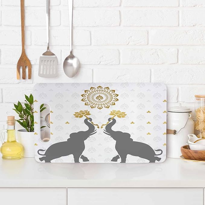 Elephant Cutting Boards Lotus Golden Flora Art Cutting Boards Kitchen Chopping Board with Handles Non Slip Plastic 16 x 10 x 0.24 Inch