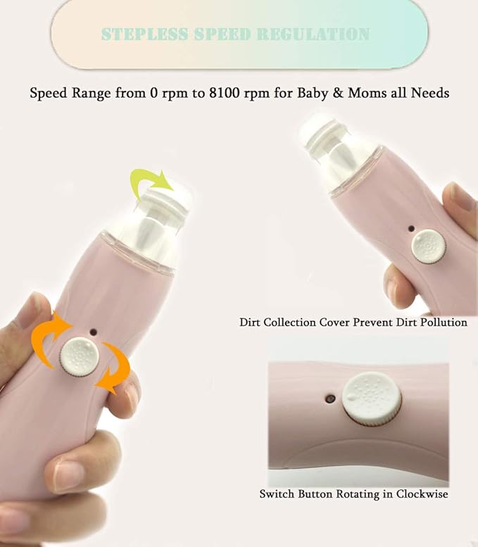 Fansidi Baby Nail Trimmer Electric Rechargeable, Gentle Baby Nail File Electric| 13 Grinding Heads| Stepless Speed| LED Light| Dust Shield| Baby Nail Clippers for Newborn Infant Toddler, Pink