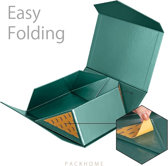 PACKHOME Christmas Gift Box 9x6.5x3.8 Inches, Rectangle Collapsible Box with Magnetic Lid for Xmas Gift Packaging (Glossy Dark Green)