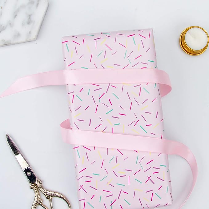WRAPAHOLIC 30 Inch Pink Wrapping Paper Roll - Jumbo Pink Color with Colorful Line Segment Print for Birthday, Holiday, Wedding, Baby Shower Wrap - 30 inch x 33 feet