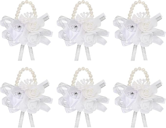 MECCANIXITY 6Pcs Wrist Corsage Artificial Flower Bracelets Rose Wrist Bride Groom Decorative for Wedding Ceremony Prom Party Anniversary White