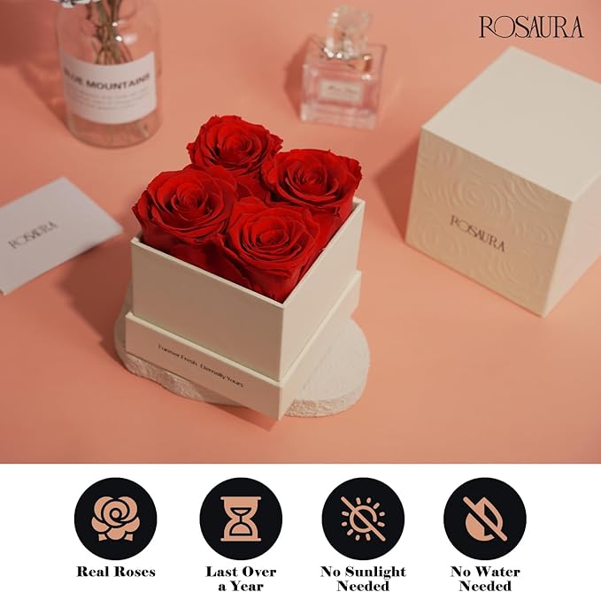Rosaura 4-Piece Eternal Preserved Roses & Flowers Gift Box - Forever Lasting Real Roses, Preserved Flowers for Valentine's Day Red
