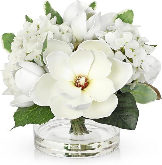 Briful Artificial Magnolia and Hydrangea Flower Arrangement in Glass Vase 9.4" Realistic White Silk Fake Flower with Faux Water Fake Floral Centerpieces for Home Room Office Table Shelf Décor