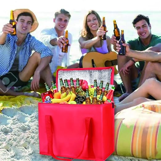 Beach Bag with Cooler Insulated Insulation Grocery Bags,Shopping Red, Reusable, Heavy Duty, Zipped Zipper,Collapsible,Tote,Cooler,Groceries,for car,Recycled Material Warm Foldable Bag…