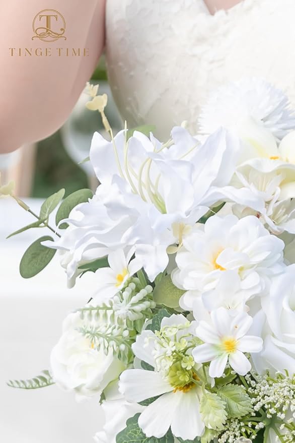TINGE TIME 11 Inch Wedding Bouquets for Bride, IvoryWhite Artificial Flowers Bouquet, Brides & Bridesmaids Bouquet for Wedding Anniversary Ceremony Bridal Shower Decorations