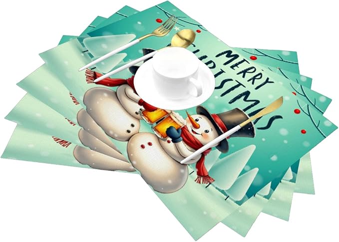 PVC Placemats Set of 4 Wipeable Table Mats Washable Heat Resistant Non Slip Vinyl Dining Table Mat for Kitchen Indoor Outdoor Patio Farmhouse Place Mats Christmas Snowman Beer Decorative