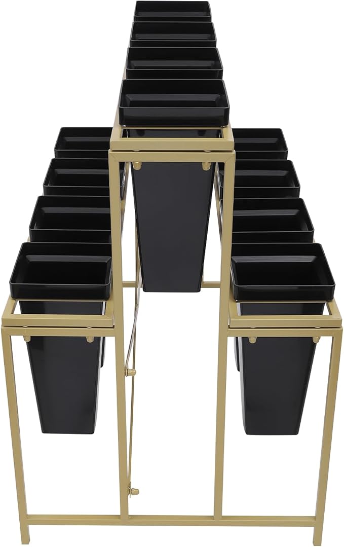 Flower Display Stand with 12 Pcs Buckets 3 Layers Metal Plant Stand Plant Cart Shelf Flower Bucket Rack Stand for Indoor Florist Garden Patio (Gold Stand-Black Square Buckets)
