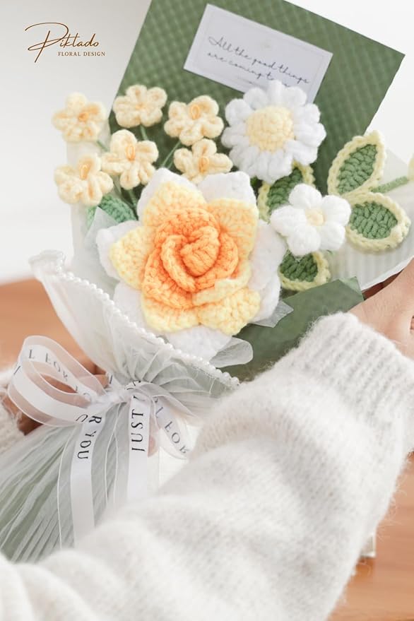 Hand-Woven Flower Bouquet Finished（1pcs） for Valentine's Day Girlfriend Birthday Gift Wedding Decoration Crochet Artificial Flower, Bouquet Gift (Yellow)