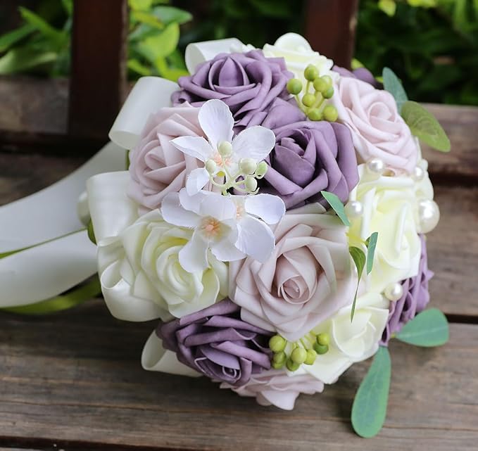 Lightweight Bridal Wedding Bouquet Round Holding Bouquet Throw Toss Artificial Rose Flower Bunch for Bride Bridesmaid Wedding Quinceanera (Cream, Deep Taro & Light Taro, 7.9")