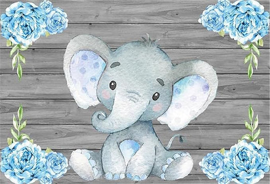 AOFOTO 6x4ft Flowers Wooden Elephant Backdrop Blue Baby Boy Gender Reveal Party Decorations Sweet Floral Baby Shower Photo Shoot Background for Photography Kid Child Birthday Photo Studio Props Vinyl