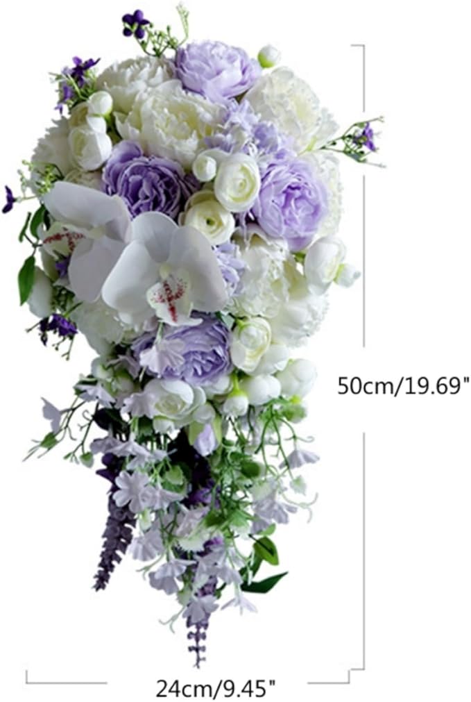 Cascading Bouquets for Bride, White and Purple Water Drop Waterfall Artificial Flowers Roses Bridal Bouquet for Wedding Ceremony Anniversary Party Bridal Shower Decoration