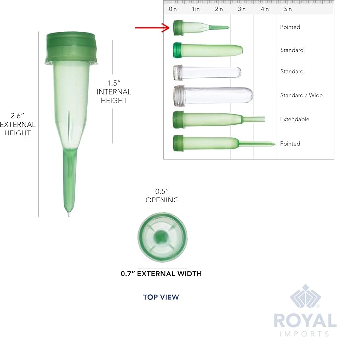 Royal Imports Floral Water Tubes with Caps – 3" Green Plastic Flower Vials for Single Stem Roses, Buds, Bouquets – Pointed Style, 1/2" Opening – 100 Pack