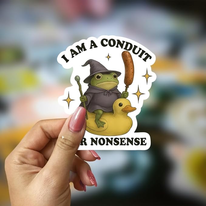 HANDICHI Design 5-Pack 6 Inch Funny Frog Stickers – “I Am a Conduit for Nonsense” Wizard Frog Vinyl Decals – Quirky Meme Sticker Pack for Laptops, Water Bottles, Journals and Scrapbooks