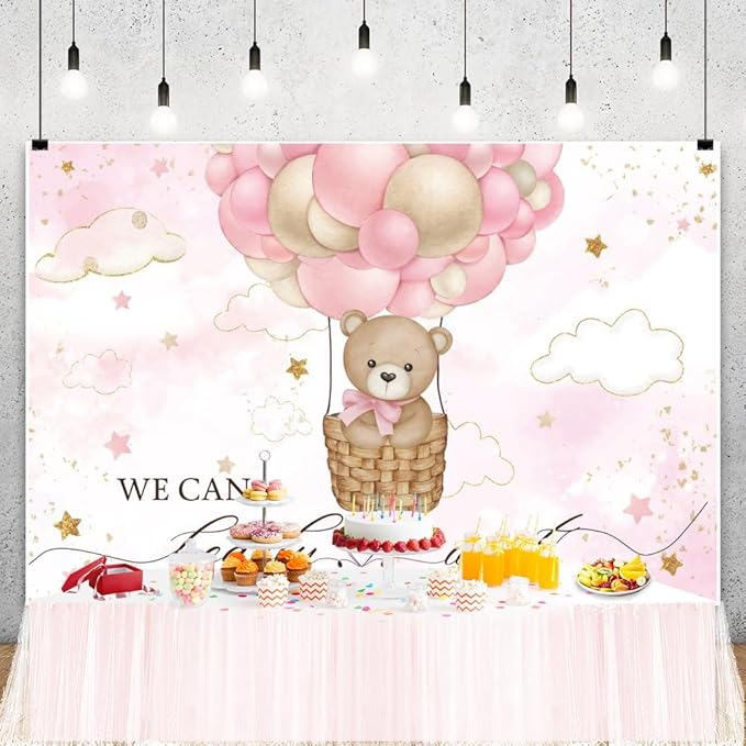 ChloropLastid We Can Bearly Wait Baby Photo Backdrop 8x6ft Pink Hot Air Balloon Bear Background for Baby Balloons Clouds Stars Girl Baby Shower Newborn Party Cake Photo Decoration
