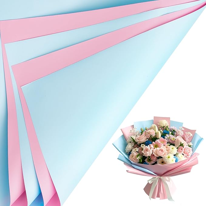 LeZakaa 20 Sheets Flower Wrapping Paper - Waterproof Reversible Floral Bouquet Paper - Sky Blue and Pink Design for Valentine's Day, Mother's Day, Parties, Birthdays, Weddings, Baby Shower