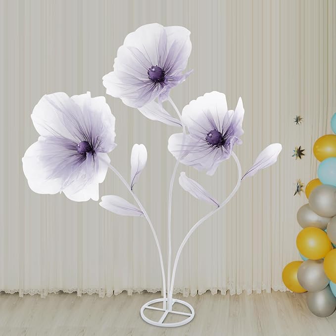 Large Giant Flowers Wedding, 3-Head Fake Flowers with Standing Stems and Base, 5.6 Ft Tall Artificial Silk Flower Large Fake Flower, Wedding Reception Banquet Background Home Decor (Purple)