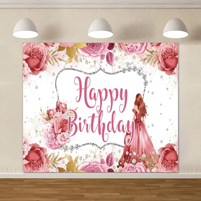Princess Happy Birthday Backdrop 10x8ft Girls Watercolor Flower Floral Rose Diamond Decorations Photography Background Banner Photo Booth Studio
