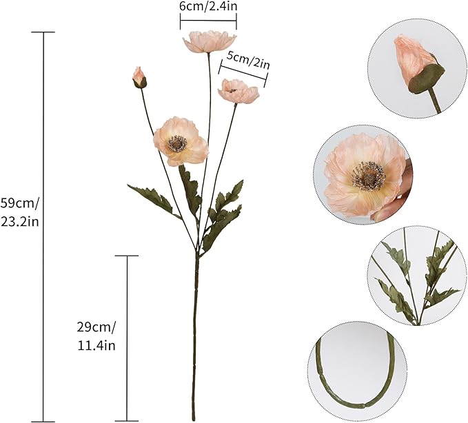IPOPU Artificial Poppy Silk Flowers 6pcs Poppy Flowers Artificial Realistic Faux Flowers for Vase for Home Decor Indoor for Wedding Centerpieces Bridal Shower Party Decorations (Champagne)