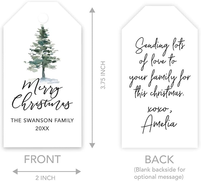 Andaz Press Personalized Christmas Holiday Season Classic Gift Tags, Merry Christmas Custom Family Name and Year, Watercolor Christmas Tree with Snow Design, Holiday Events, Parties, Favors, 60-Pack