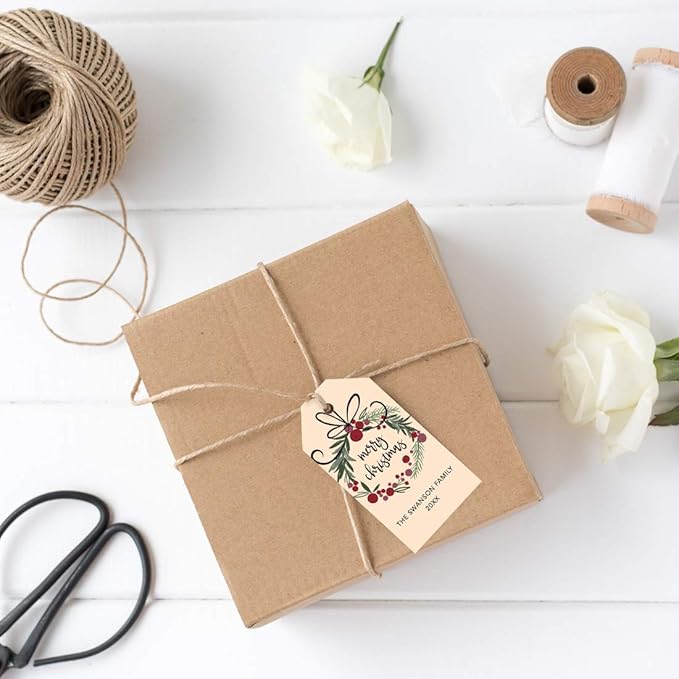 Andaz Press Personalized Christmas Holiday Season Classic Gift Tags, Merry Christmas Wreath Design, Custom Family Name and Year, for Holiday Events, Parties, and Favors, 60-Pack
