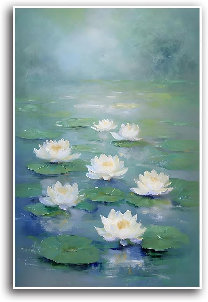 Zen wall art Delicate white lotus flower floating on calm water Vintage oil painting print Serene aquatic wall art creates a tranquil home decor 8x12in Frameless