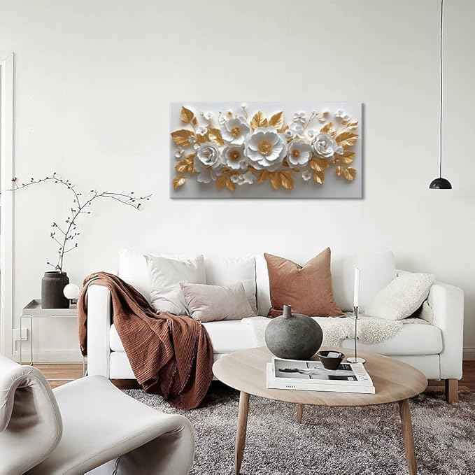 IDAFU Flower Wall Art White Foral and Golden Leaves Wall-décor White Wall Art Floral Painting Pictures for Living Room Bathroom Bedroom Kitchen Office Cuadros Decorativos Para Sala Decor 30L x 16W
