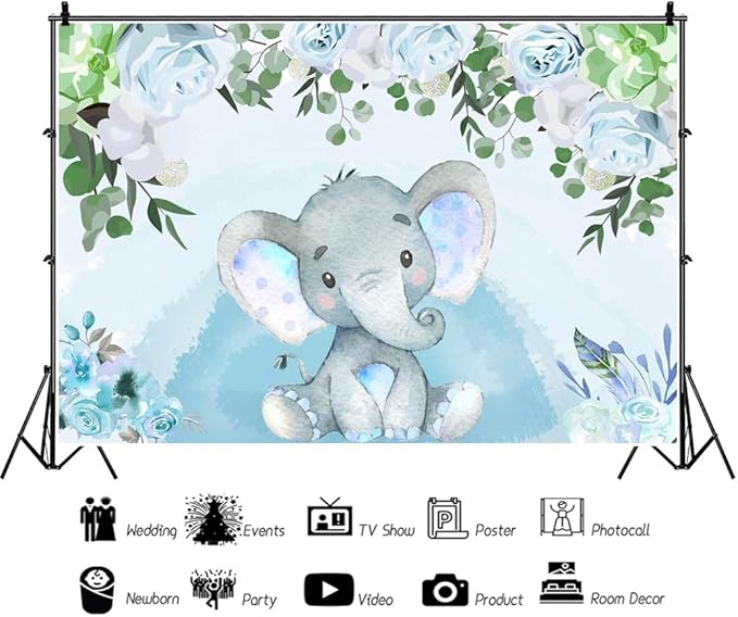 AOFOTO Flowers Baby Elephant Backdrop Light Blue 9x6ft Boy Gender Reveal Party Decorations Sweet Floral Baby Shower Photo Shoot Background for Photography Kids Child Birthday Photo Studio Props Vinyl