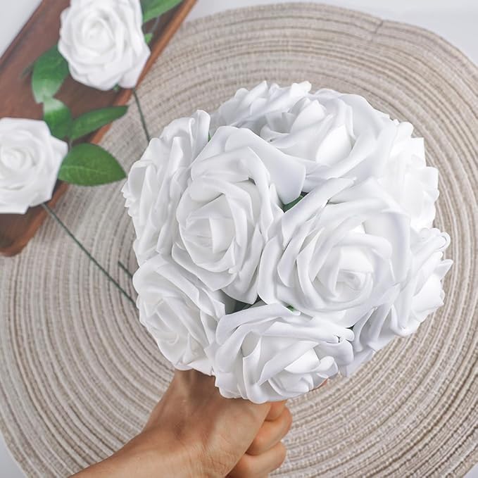 homEdge Artificial Rose, 25pcs Foam Artificial Flowers with Stem for Home Decorations, Wedding Bouquets, Party, Certerpieces, Anniversaries-White