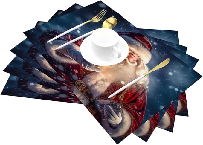 PVC Placemats Set of 4 Wipeable Table Mats Washable Heat Resistant Non Slip Vinyl Dining Table Mat for Kitchen Indoor Outdoor Patio Farmhouse Place Mats Lamp Christmas Santa Decorative