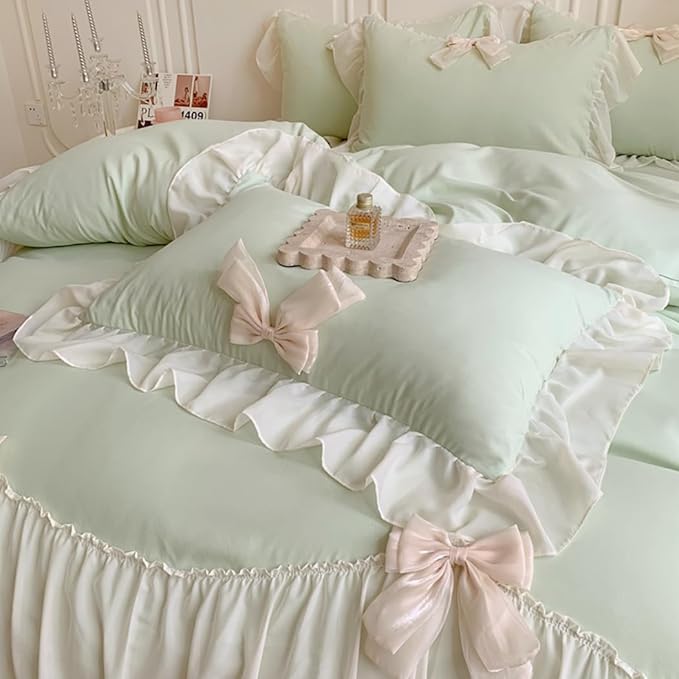 Girls Lace Bedding, Queen Comforter Cover Set, Chic Ruffled Duvet Cover with Lovely Bow,Princess Style 1 Duvet Cover with 2 Pillowcases, No Comforter-Green,Queen Size