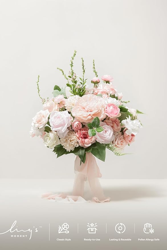Ling's moment Blush Pink Wedding Bouquets for Bride, Blush and Cream Bridal Bouquets for Bride, 15 Inch Free Form Artificial Wedding Flower Bouquet