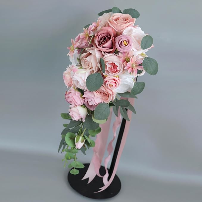 Wedding Bouquet for Bride, Bean Paste Pink Waterfall Bridal Bouquet for Bride Artificial Roses Flowers Cascading Bouquet for Wedding Ceremony Anniversary Party Bridal Shower Decoration