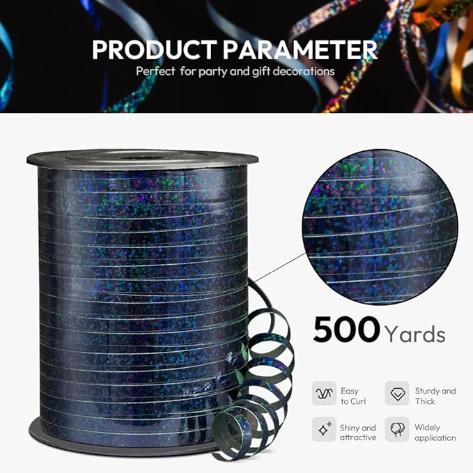 500 Yards Shiny Metallic Black Curling Ribbon with Spool, 1/5" Holographic Curly Ribbons - Ideal for Gift Wrapping, Birthday, Halloween, Christmas Party Decorations, Balloon String