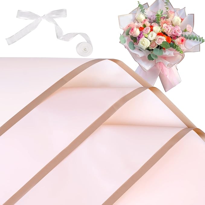 Kosotody 20 Sheets Flower Wrapping Paper Waterproof Florist Bouquet with Ribbon for Bouquets DIY Crafts Packaging Bouquet, 22.8x22.8 inch (Pink)