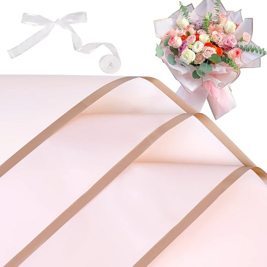 Kosotody 20 Sheets Flower Wrapping Paper Waterproof Florist Bouquet with Ribbon for Bouquets DIY Crafts Packaging Bouquet, 22.8x22.8 inch (Pink)