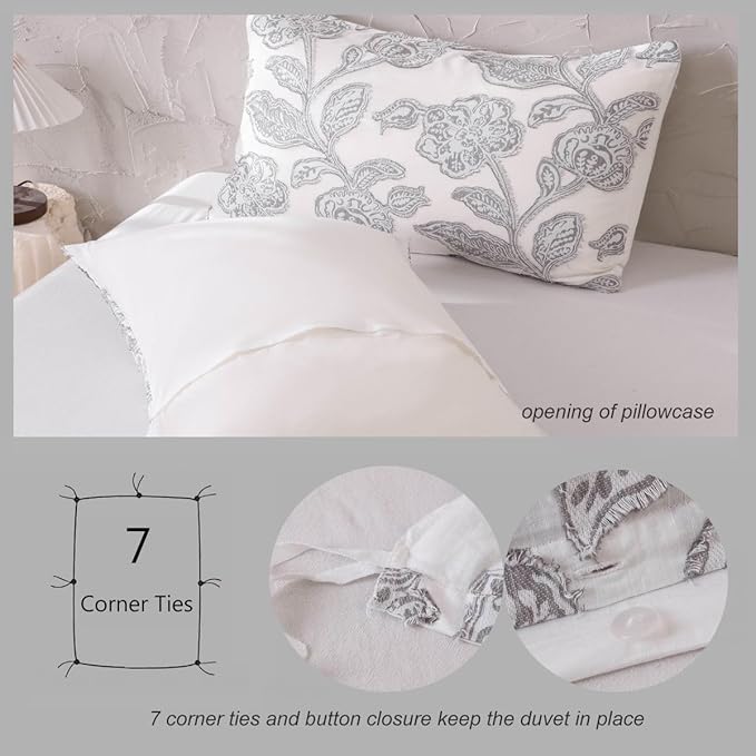 meadow park Cotton Clipped Jacquard Duvet Cover Set Twin, 2 Pieces Jacobean Floral Bedding Set (Grey, Twin)
