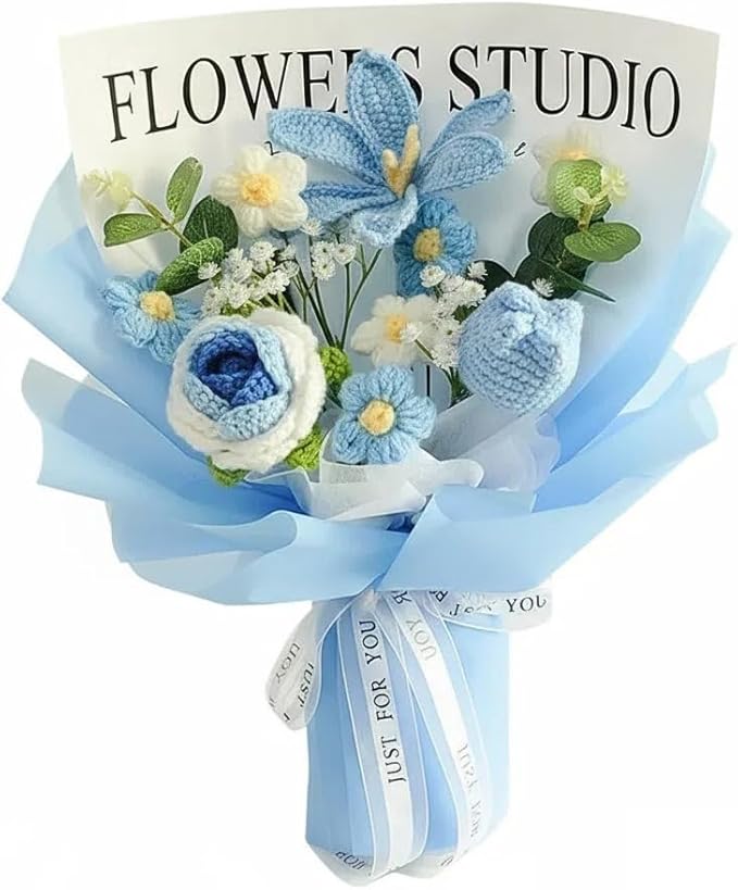 Crochet Flower Bouquet - Handmade Knitted Roses, Tulips & Cosmos with Eucalyptus - Hypoallergenic Everlasting Gift for Women, Mother's Day, Wedding