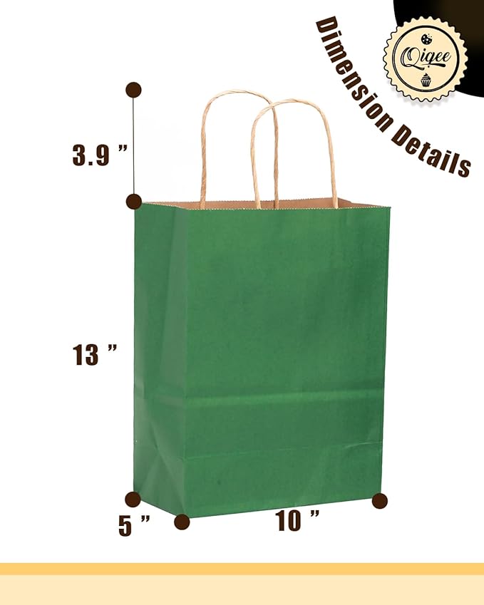 qiqee Large Kraft Paper Bags with Handles 13"x10"x5" 32 pcs Gift Paper Bag Deep Green Solid Color Bags（Large Size）