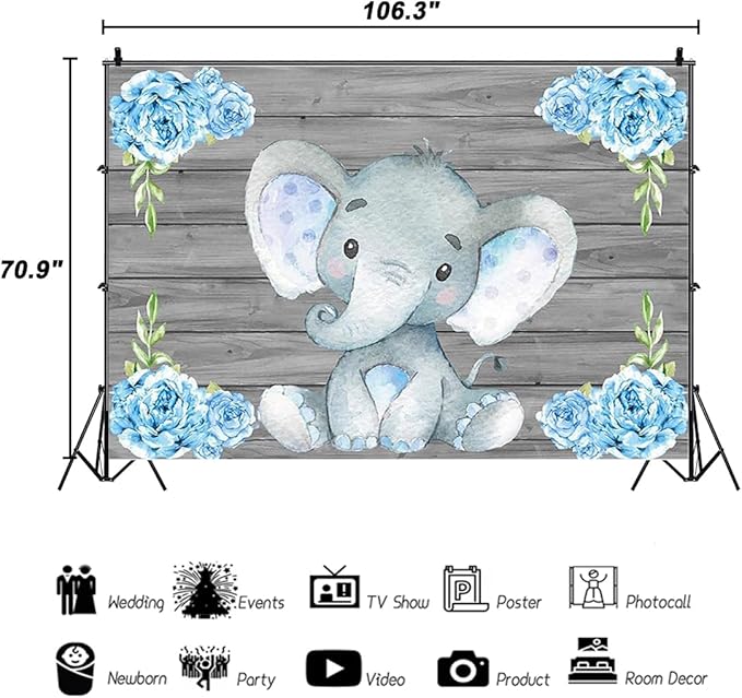 AOFOTO 9x6ft Baby Boy Elephant Backdrop Baby Shower Party Decoration Banner Photography Background Watercolor Flower Rustic Grey Wood Cartoon Animal Newborn Kid Child Birthday Photo Studio Props