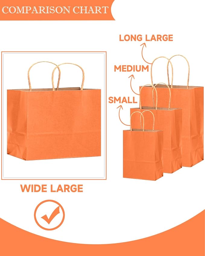 qiqee 13"x4.5"x10" Large Gift Bag with Handles Bulk 32PCS Gift Paper Bags Orange Bags Multiple Uses (Wide Large)