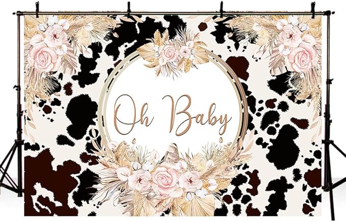 10x7ft Boho Holy Cow Baby Shower Backdrop Oh Baby Black and White Cow Print Bohemia Pink Floral Pampas Grass Photography Background Farm Theme Party Decoration Banner Supplies Photo Studio Prop